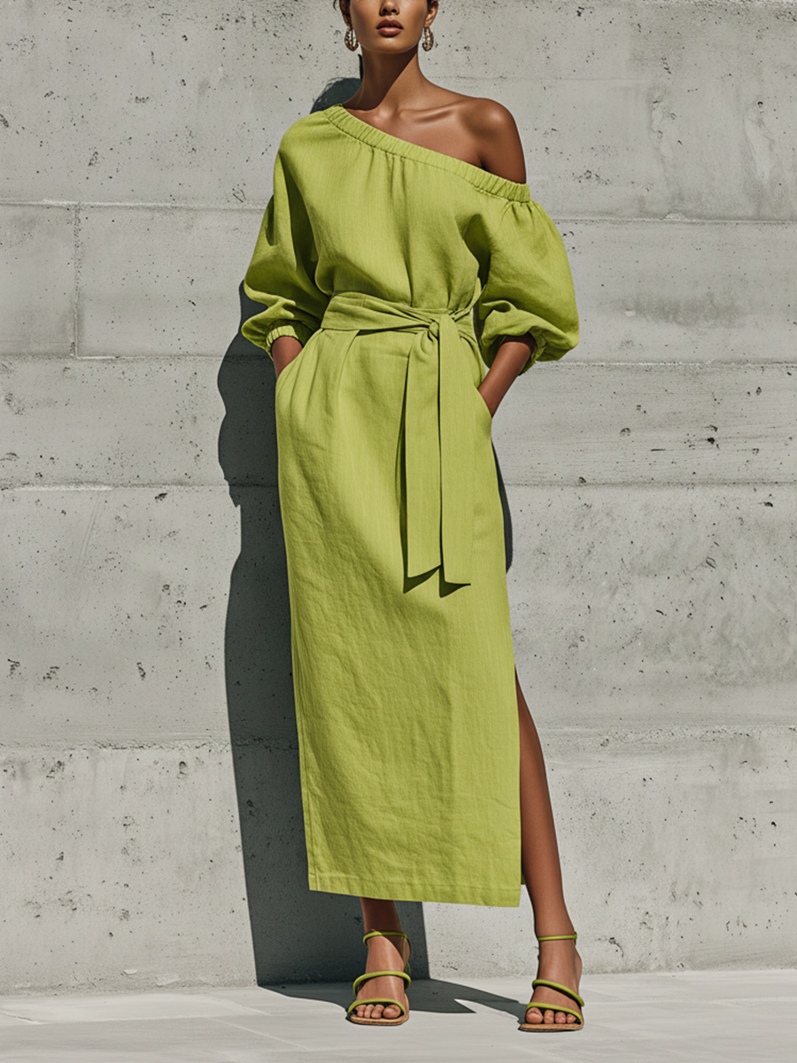 Lime Green Midi Dresses for Women with Puff Sleeves and Off-Shoulder, with Tie Belt and Open Side MDZ1150F0T