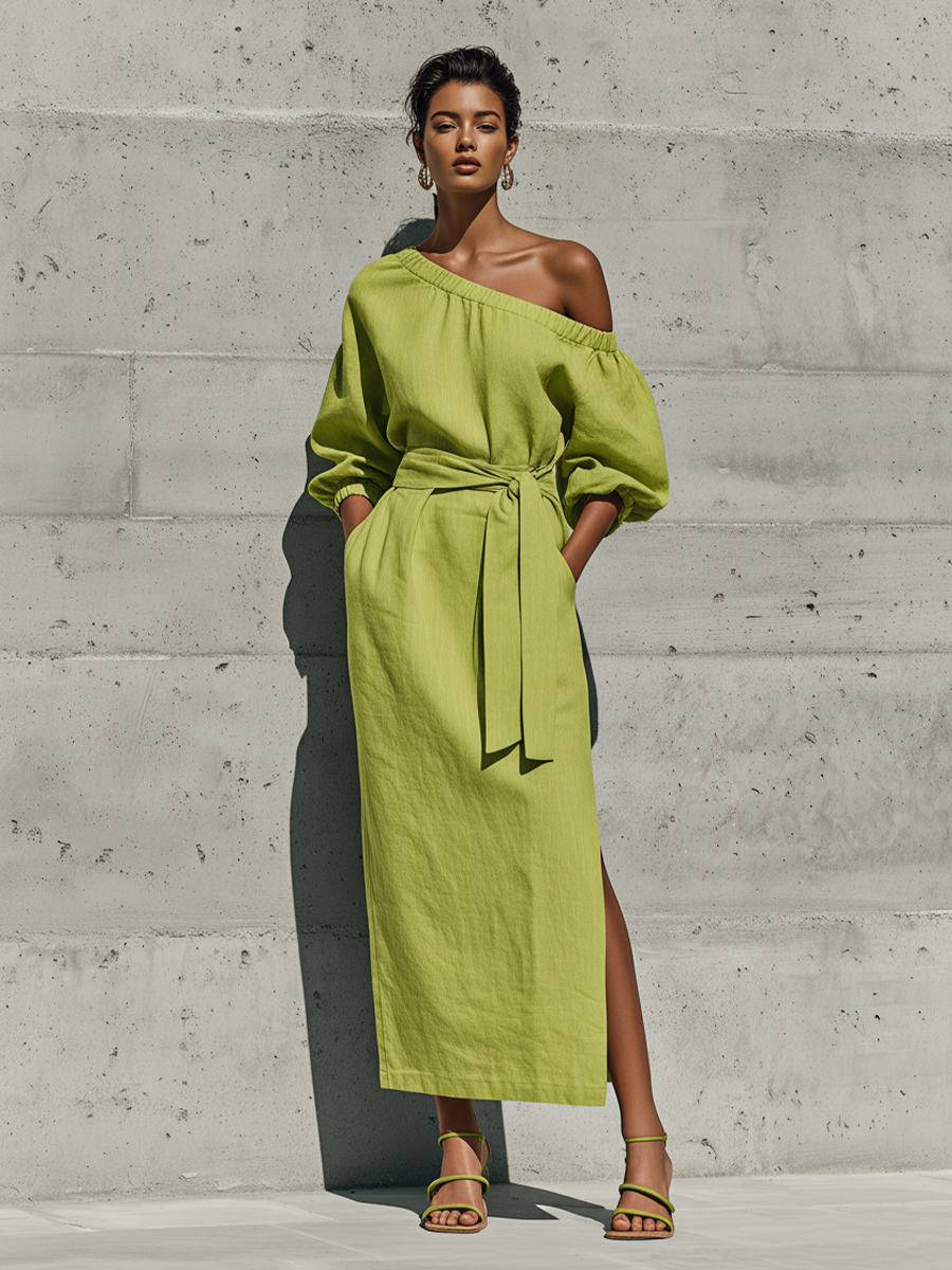 Lime Green Midi Dresses for Women with Puff Sleeves and Off-Shoulder, with Tie Belt and Open Side MDZ1150F0T