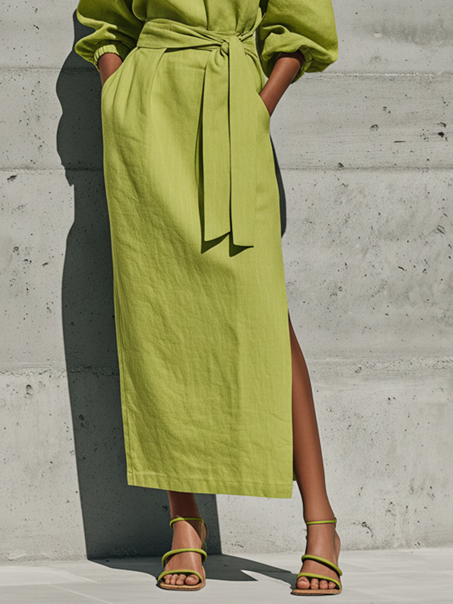 Lime Green Midi Dresses for Women with Puff Sleeves and Off-Shoulder, with Tie Belt and Open Side MDZ1150F0T