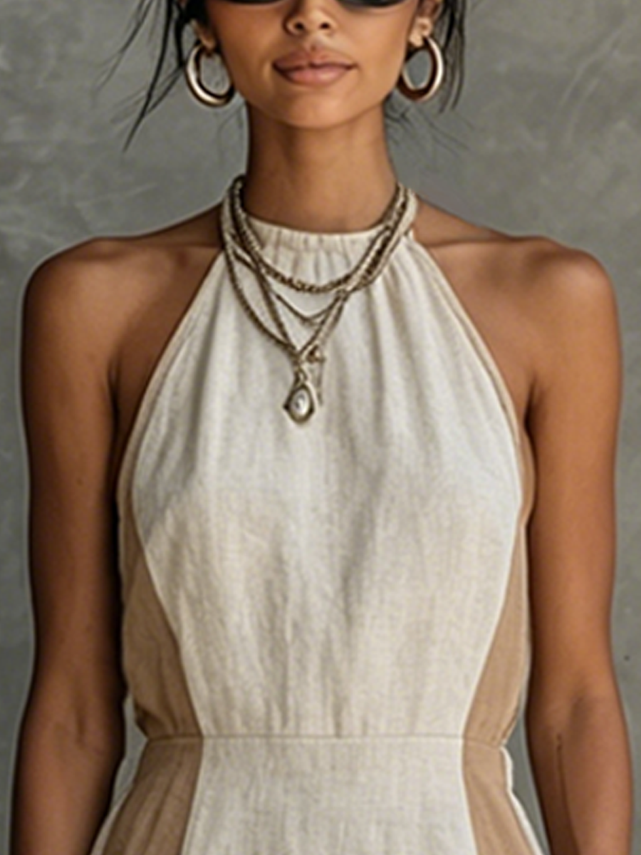 Mini Dresses for Women in Off-White and Khaki with Colorful Cut, with Halter Neckline and Tailored Waist MDZ1598F1GMJ