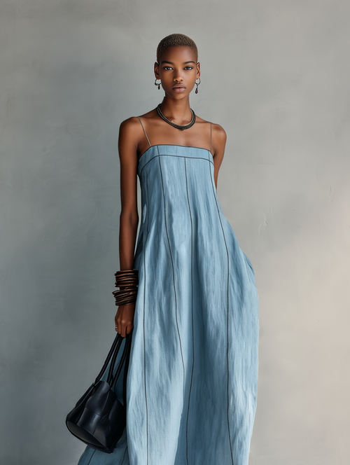 Casual Maxi Dress for Women in Blue Cotton-Blend Fabric with No Sleeves MDZ1660F0LXY