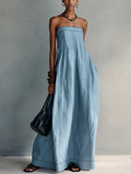 Casual Maxi Dress for Women in Blue Cotton-Blend Fabric with No Sleeves MDZ1660F0LXY