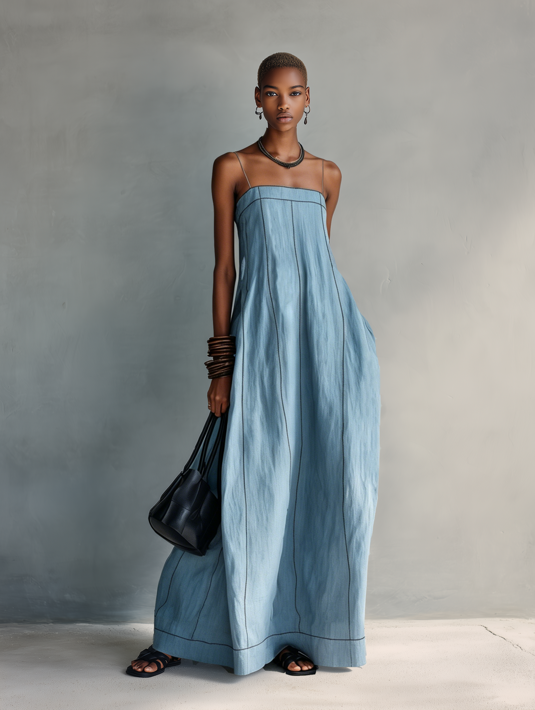 Casual Maxi Dress for Women in Blue Cotton-Blend Fabric with No Sleeves MDZ1660F0LXY