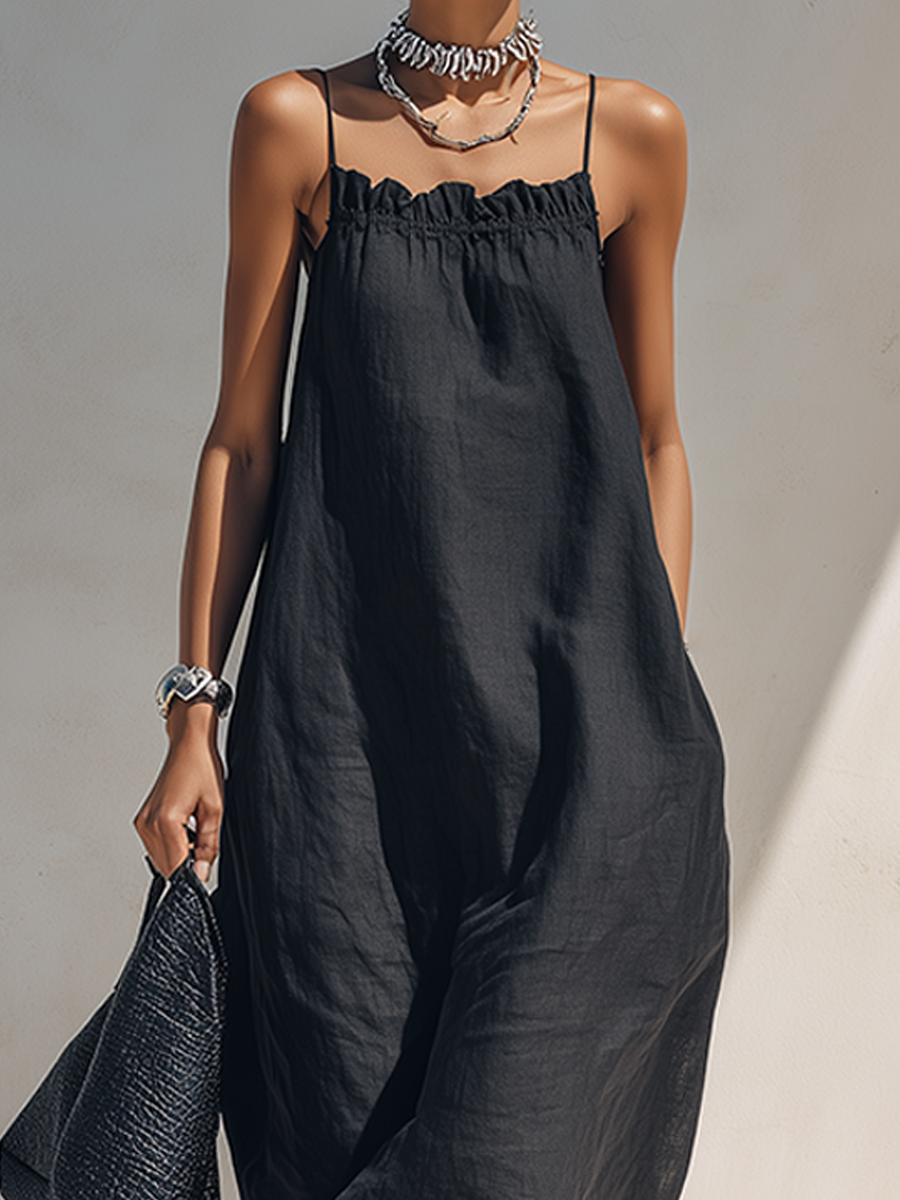 Black Maxi Dress for Women with a Ruffled Collar and Spaghetti Straps MDZ1738F1ZRK
