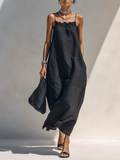 Black Maxi Dress for Women with a Ruffled Collar and Spaghetti Straps MDZ1738F1ZRK