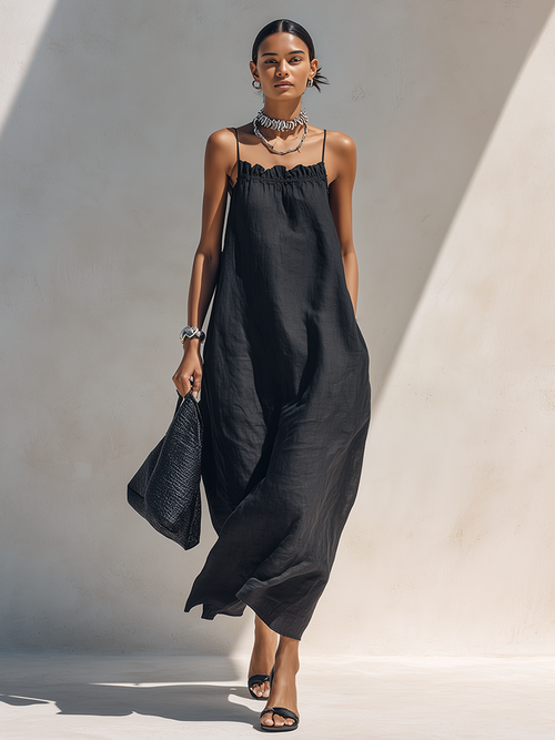 Black Maxi Dress for Women with a Ruffled Collar and Spaghetti Straps MDZ1738F1ZRK
