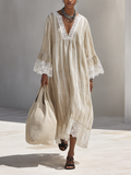 Beige Maxi Dress for Women with Vertical Stripes, White Lace Edges, and Flared Long Sleeves MDZ1745F9ZRK