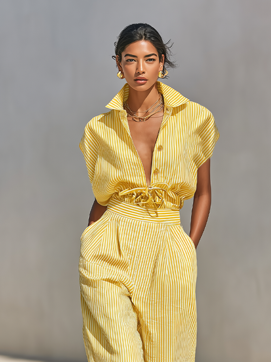 Lemon Vertical Striped Textured Co-ord Set for Women, Front Button Shirt and Fitted Pants with Side Pockets, Casual Relaxed Look for the Beach MDZ2203F4LYL