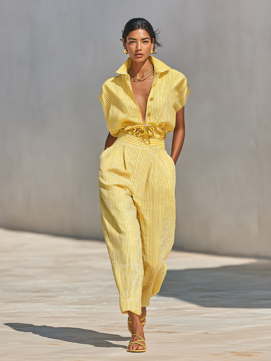 Lemon Vertical Striped Textured Co-ord Set for Women, Front Button Shirt and Fitted Pants with Side Pockets, Casual Relaxed Look for the Beach MDZ2203F4LYL