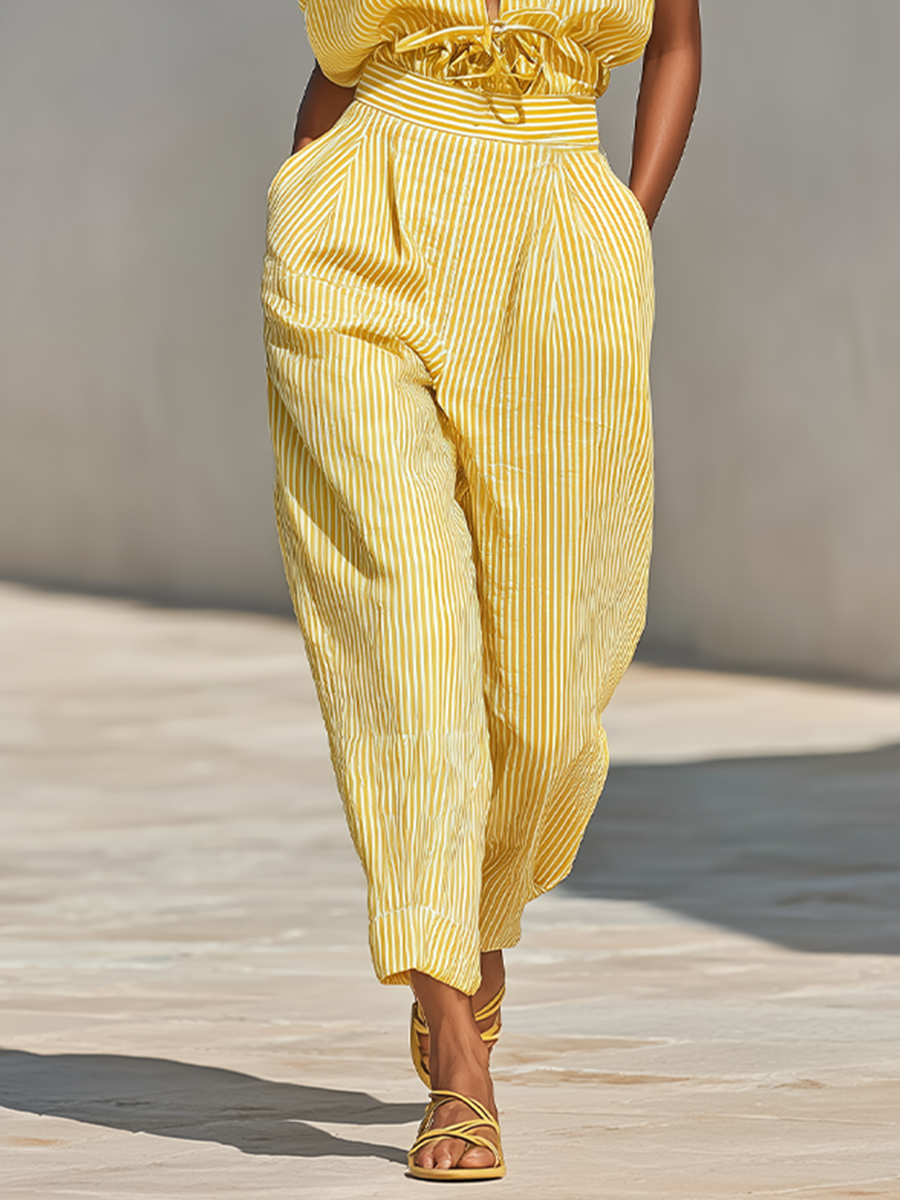 Lemon Vertical Striped Textured Co-ord Set for Women, Front Button Shirt and Fitted Pants with Side Pockets, Casual Relaxed Look for the Beach MDZ2203F4LYL