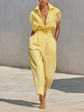 Lemon Vertical Striped Textured Co-ord Set for Women, Front Button Shirt and Fitted Pants with Side Pockets, Casual Relaxed Look for the Beach MDZ2203F4LYL