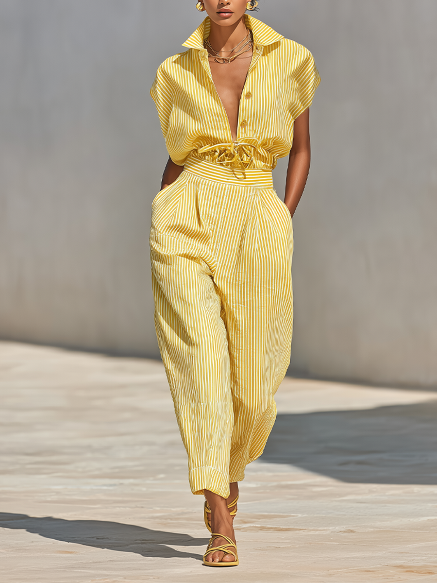 Lemon Vertical Striped Textured Co-ord Set for Women, Front Button Shirt and Fitted Pants with Side Pockets, Casual Relaxed Look for the Beach MDZ2203F4LYL