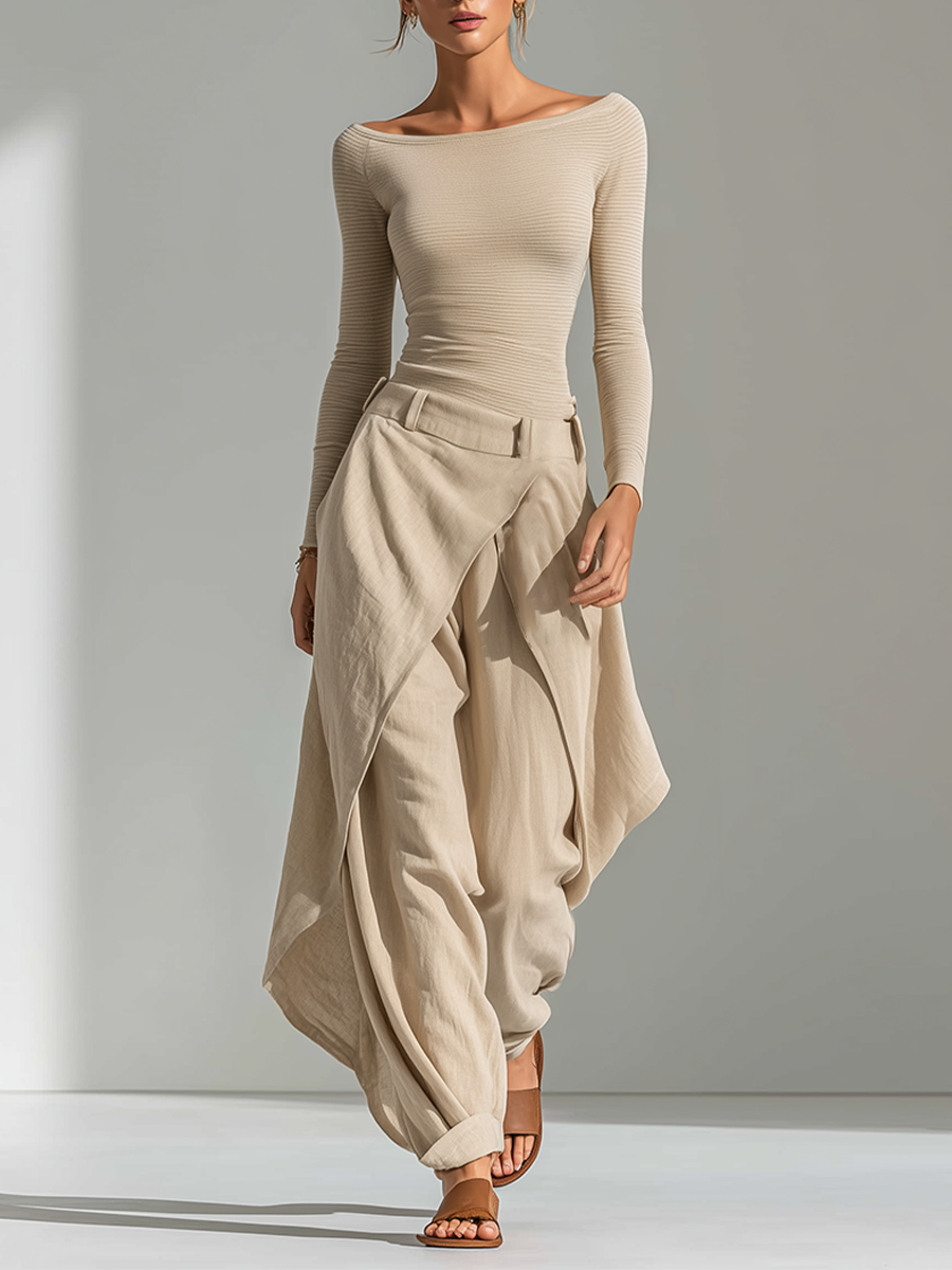 Women's Set in Beige with Ribbed Cut and Tie, Includes Top with Boat Neck and Wide Pants, in a Minimalist Neutral Shade MDZ2322F9LYL