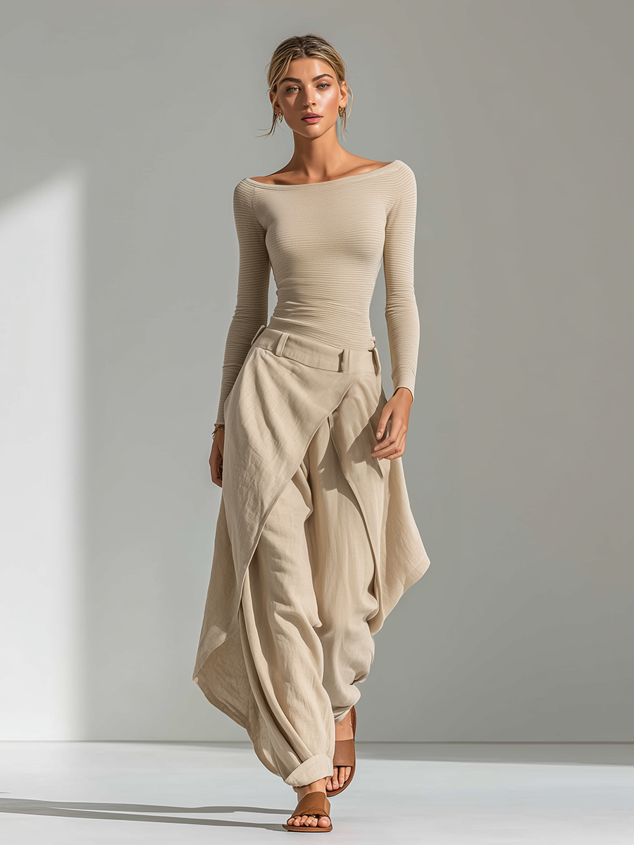 Women's Set in Beige with Ribbed Cut and Tie, Includes Top with Boat Neck and Wide Pants, in a Minimalist Neutral Shade MDZ2322F9LYL