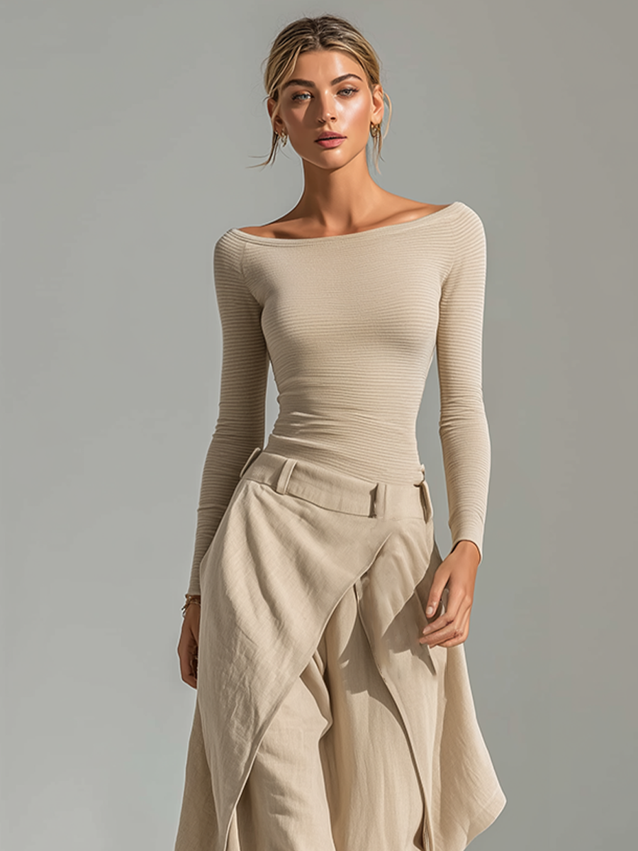 Women's Set in Beige with Ribbed Cut and Tie, Includes Top with Boat Neck and Wide Pants, in a Minimalist Neutral Shade MDZ2322F9LYL