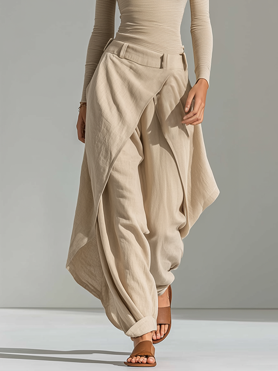 Women's Set in Beige with Ribbed Cut and Tie, Includes Top with Boat Neck and Wide Pants, in a Minimalist Neutral Shade MDZ2322F9LYL
