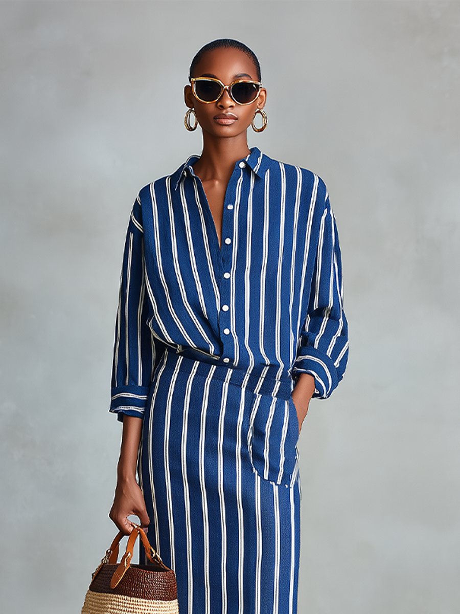 Blue Cotton Set with White Stripes for Women, Button-Up Shirt with Straight Maxi Skirt and Elastic Waist, Casual Summer Outfit