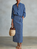 Blue Cotton Set with White Stripes for Women, Button-Up Shirt with Straight Maxi Skirt and Elastic Waist, Casual Summer Outfit
