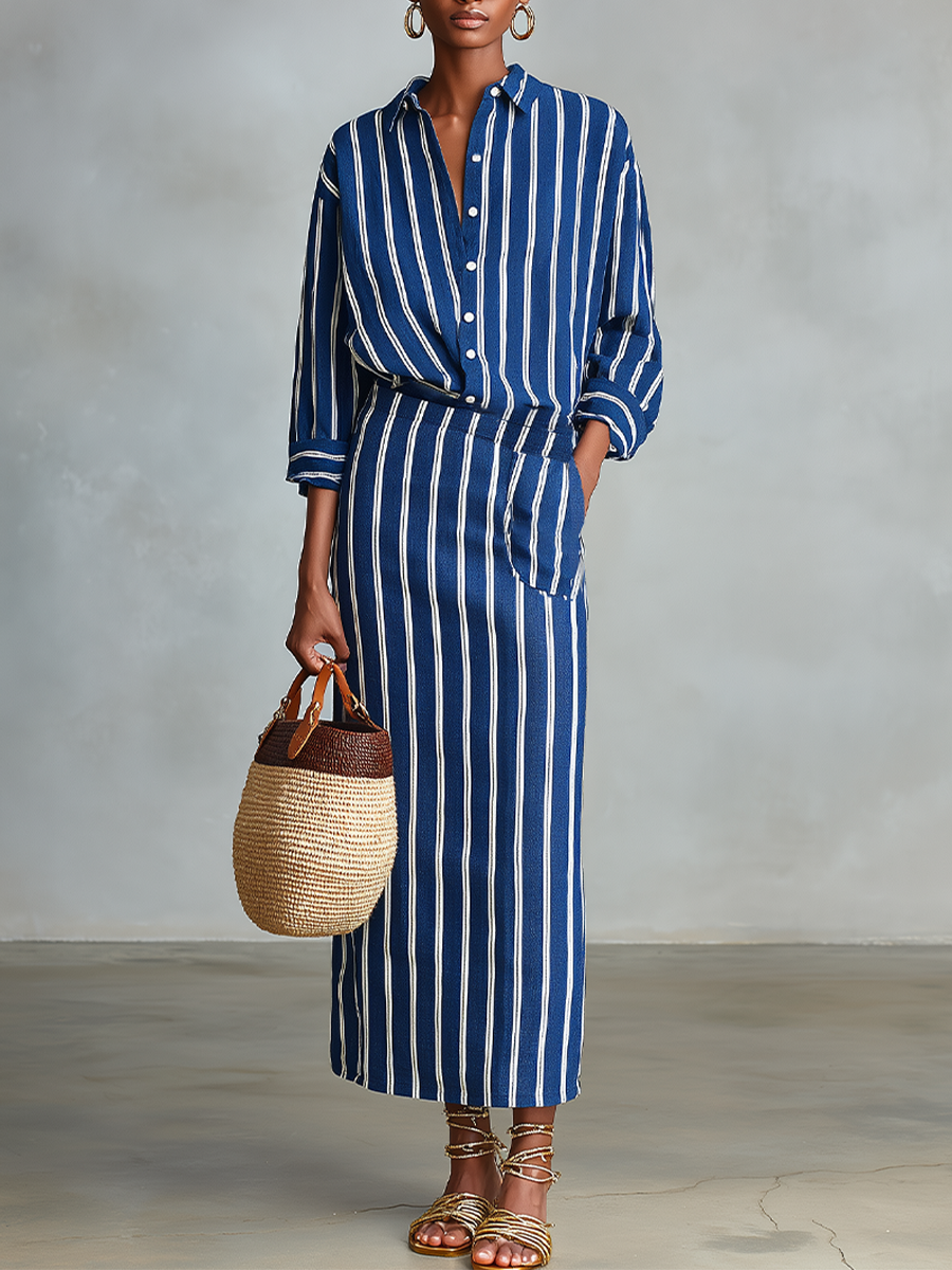 Blue Cotton Set with White Stripes for Women, Button-Up Shirt with Straight Maxi Skirt and Elastic Waist, Casual Summer Outfit