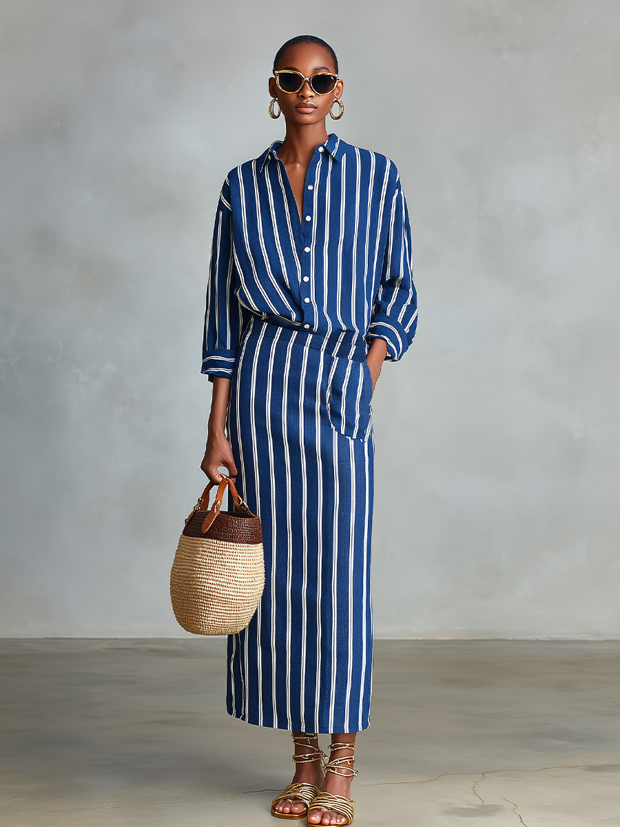 Blue Cotton Set with White Stripes for Women, Button-Up Shirt with Straight Maxi Skirt and Elastic Waist, Casual Summer Outfit