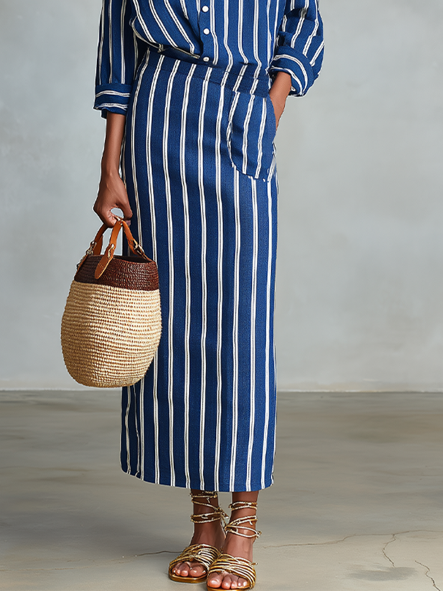 Blue Cotton Set with White Stripes for Women, Button-Up Shirt with Straight Maxi Skirt and Elastic Waist, Casual Summer Outfit