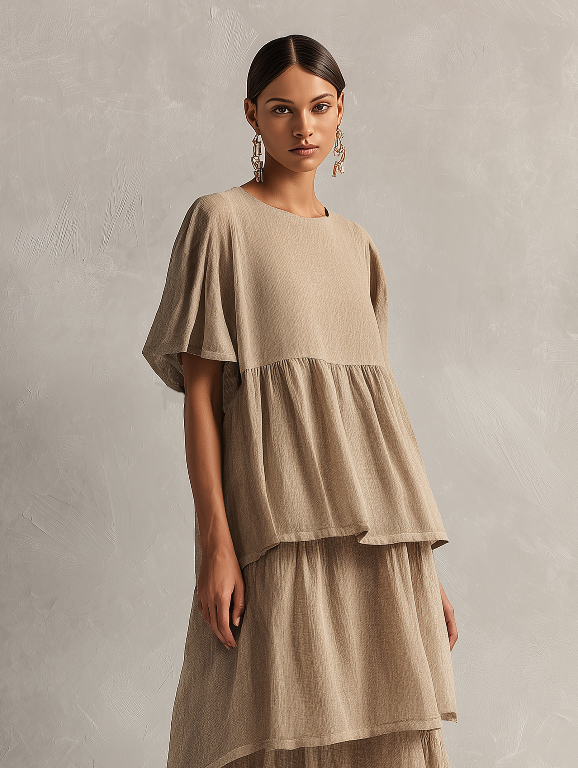 Minimalist Women's Maxi Dress in a Linen Blend with Short Sleeves and Tiered Hem MDZ2371F5WY