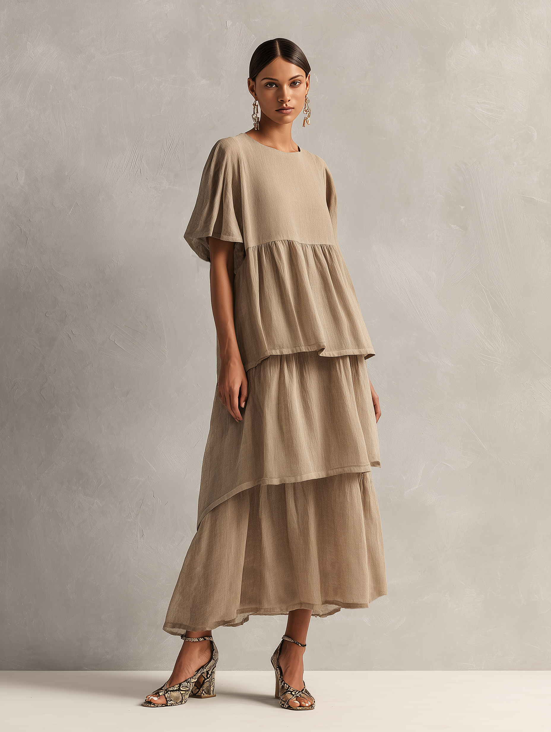 Minimalist Women's Maxi Dress in a Linen Blend with Short Sleeves and Tiered Hem MDZ2371F5WY