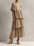 Minimalist Women's Maxi Dress in a Linen Blend with Short Sleeves and Tiered Hem MDZ2371F5WY