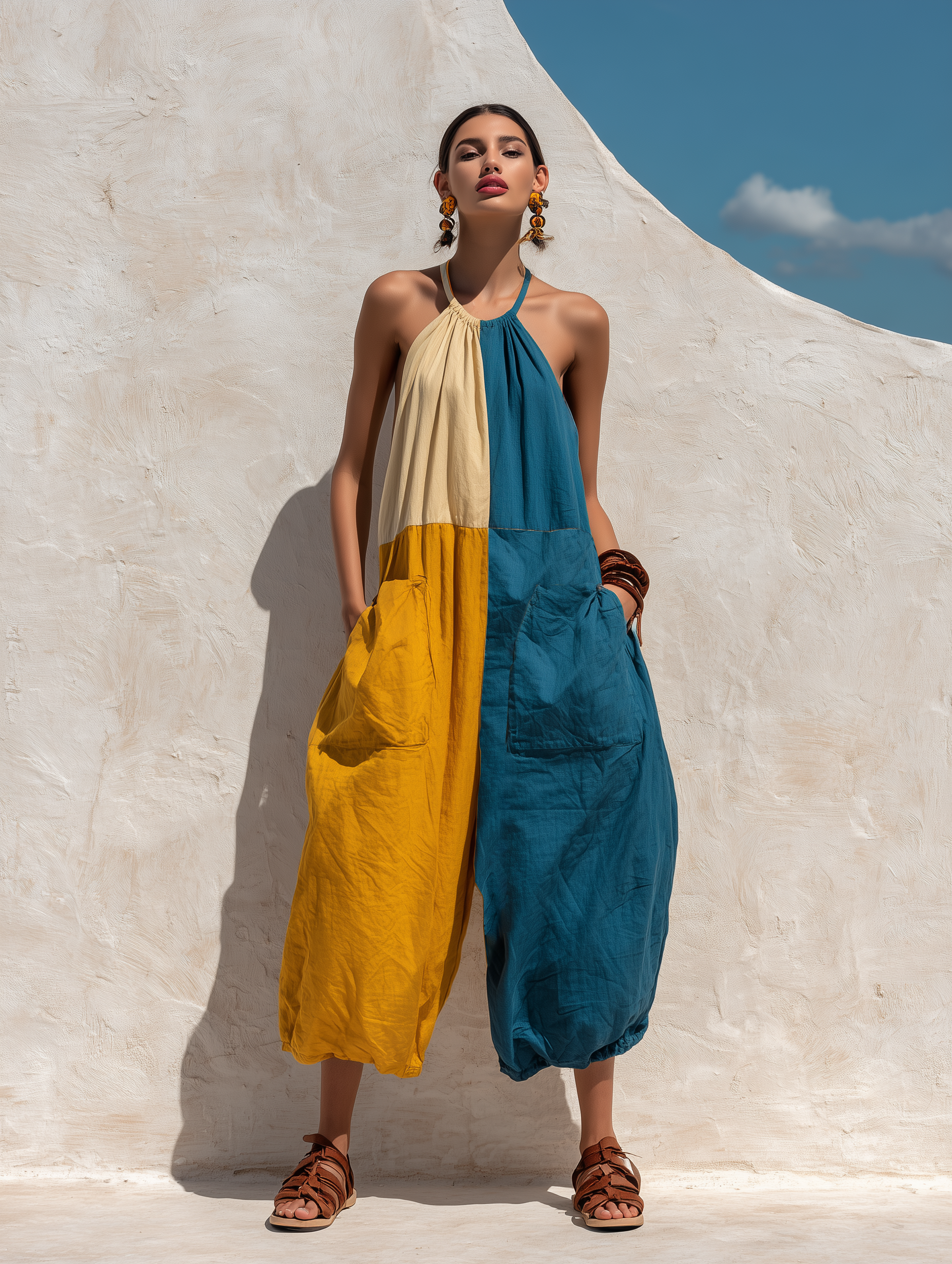 Boho Style Women's Denim Jumpsuit in 3 Colors, Halter Neck, Plus Size, Made of Linen with Large Pockets MDZ2362F8T