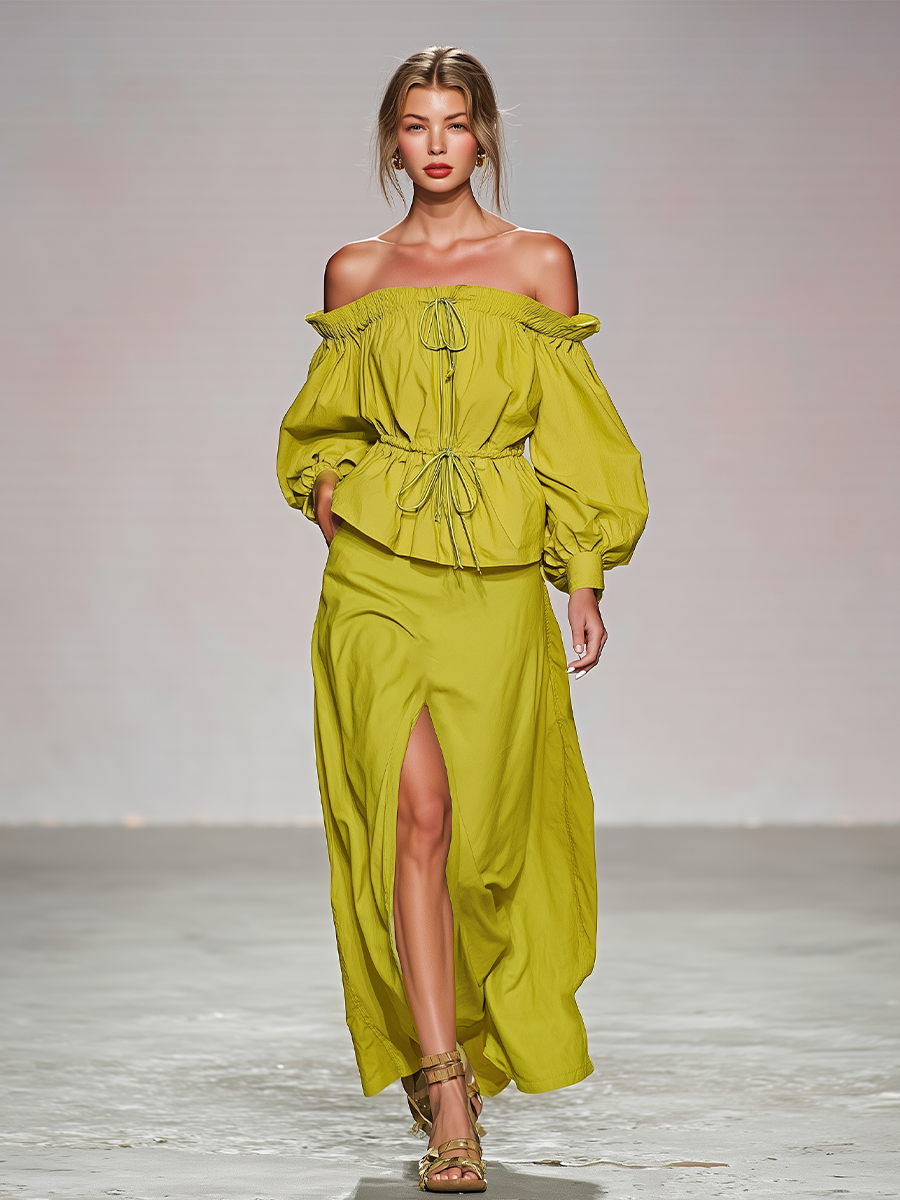 Lime Green Summer Set for Women, Two-Piece with Puff Sleeve Top and Off-Shoulder and Maxi Skirt with High Slits, Romantic Boho