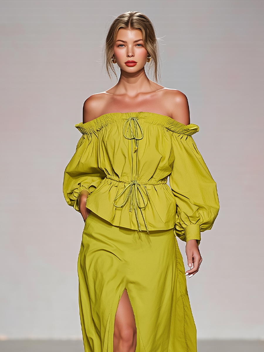 Lime Green Summer Set for Women, Two-Piece with Puff Sleeve Top and Off-Shoulder and Maxi Skirt with High Slits, Romantic Boho