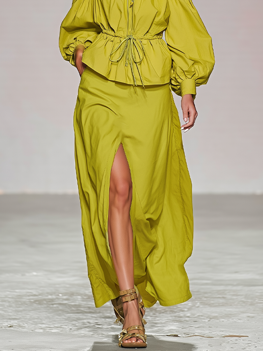 Lime Green Summer Set for Women, Two-Piece with Puff Sleeve Top and Off-Shoulder and Maxi Skirt with High Slits, Romantic Boho