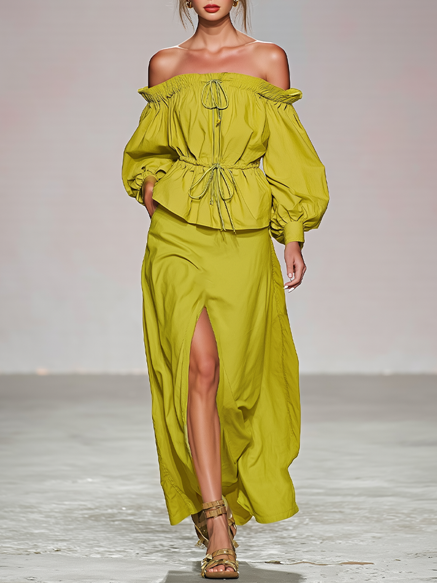 Lime Green Summer Set for Women, Two-Piece with Puff Sleeve Top and Off-Shoulder and Maxi Skirt with High Slits, Romantic Boho