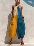 Boho Style Women's Denim Jumpsuit in 3 Colors, Halter Neck, Plus Size, Made of Linen with Large Pockets MDZ2362F8T