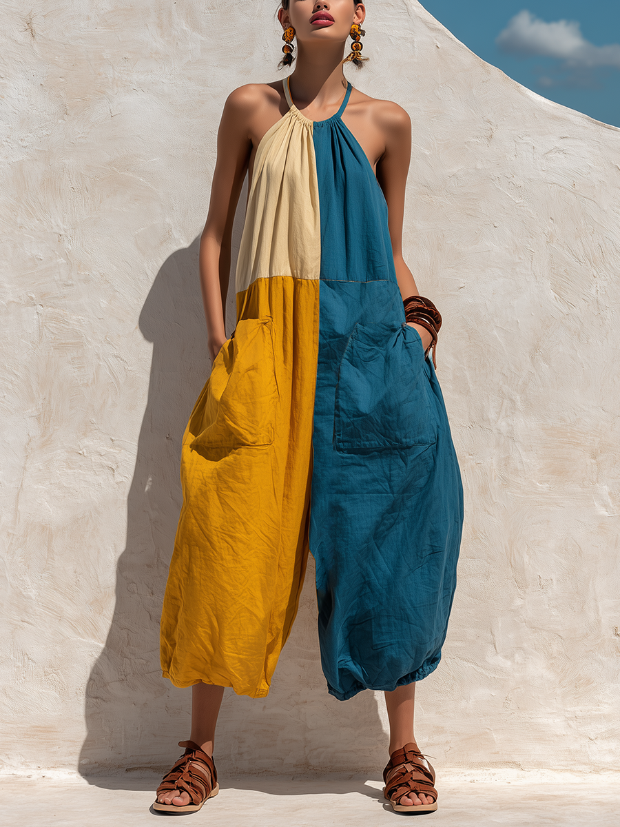 Boho Style Women's Denim Jumpsuit in 3 Colors, Halter Neck, Plus Size, Made of Linen with Large Pockets MDZ2362F8T