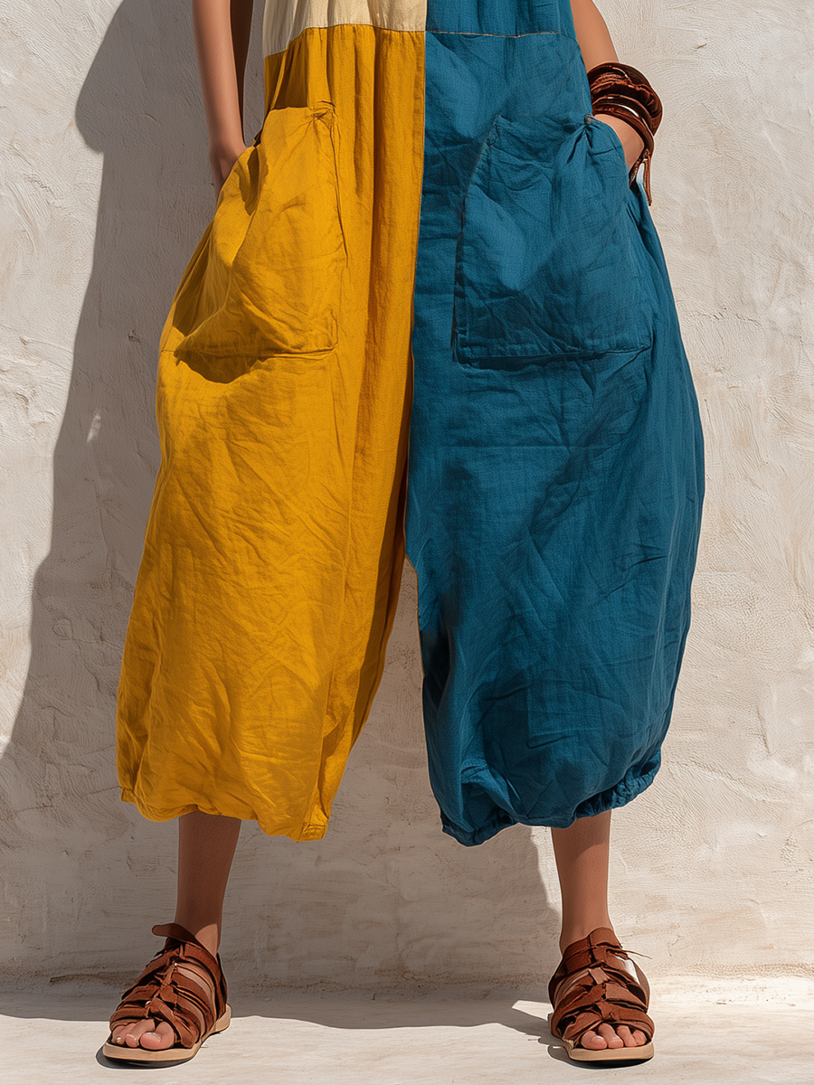 Boho Style Women's Denim Jumpsuit in 3 Colors, Halter Neck, Plus Size, Made of Linen with Large Pockets MDZ2362F8T