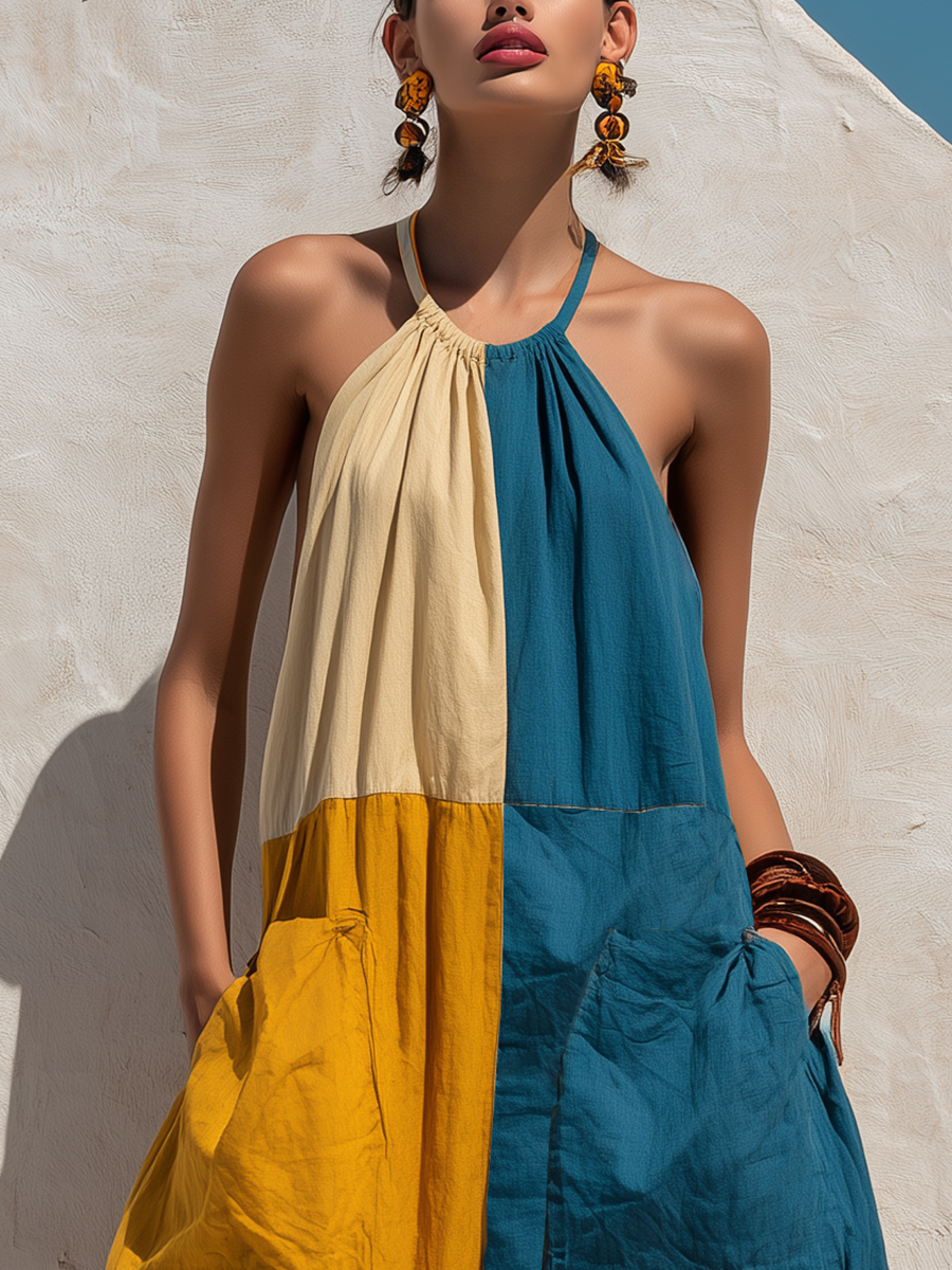 Boho Style Women's Denim Jumpsuit in 3 Colors, Halter Neck, Plus Size, Made of Linen with Large Pockets MDZ2362F8T