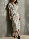 Short Sleeve Maxi Dresses for Women in Light Gray with Stripes