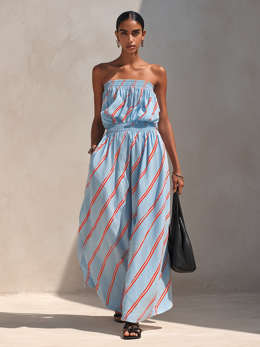 Minimalist Strapless Maxi Dress for Women in Blue and Red with Diagonal Stripes MDZ2480F6ZRK