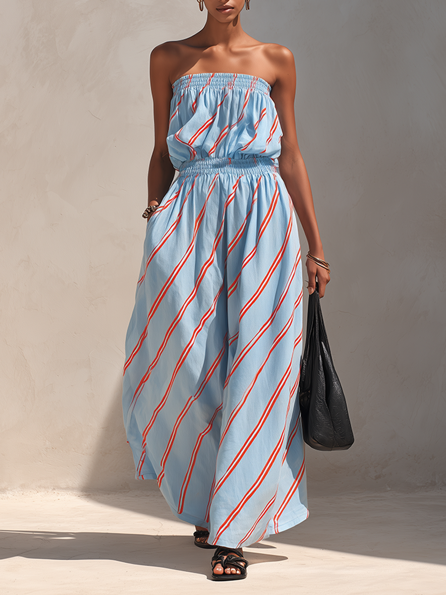 Minimalist Strapless Maxi Dress for Women in Blue and Red with Diagonal Stripes MDZ2480F6ZRK