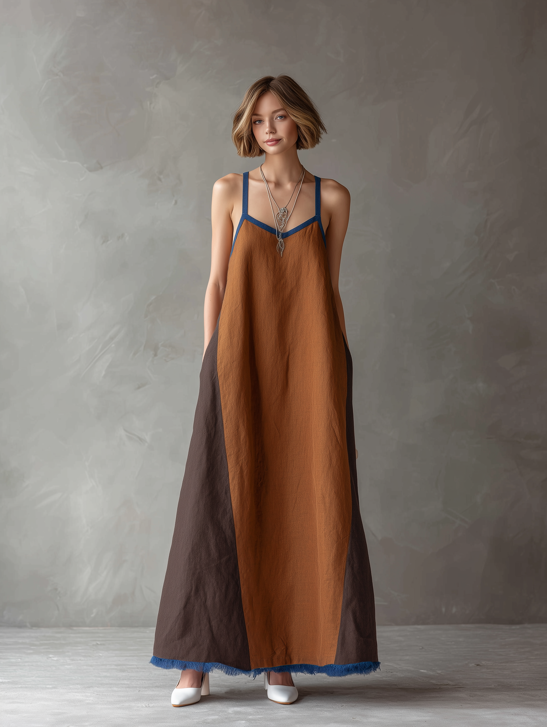 Women's Maxi Dress in Minimalist Style Made of Linen Fabric with Spaghetti Straps and Raw Cut MDZ2310F1WY