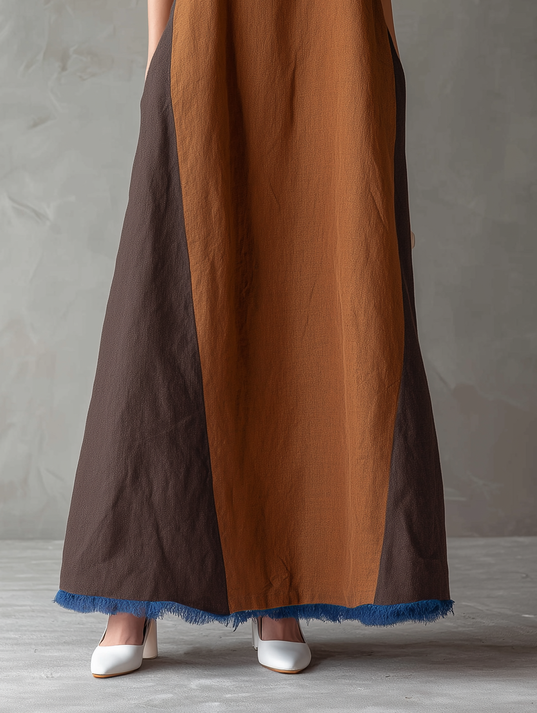 Women's Maxi Dress in Minimalist Style Made of Linen Fabric with Spaghetti Straps and Raw Cut MDZ2310F1WY