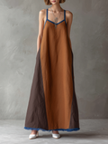Women's Maxi Dress in Minimalist Style Made of Linen Fabric with Spaghetti Straps and Raw Cut MDZ2310F1WY