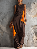 Long Women's Casual Style Dress in Dark Brown and Bright Orange with Color Blocking, Sleeveless, Irregular Patchwork MDZ2419F3GMJ