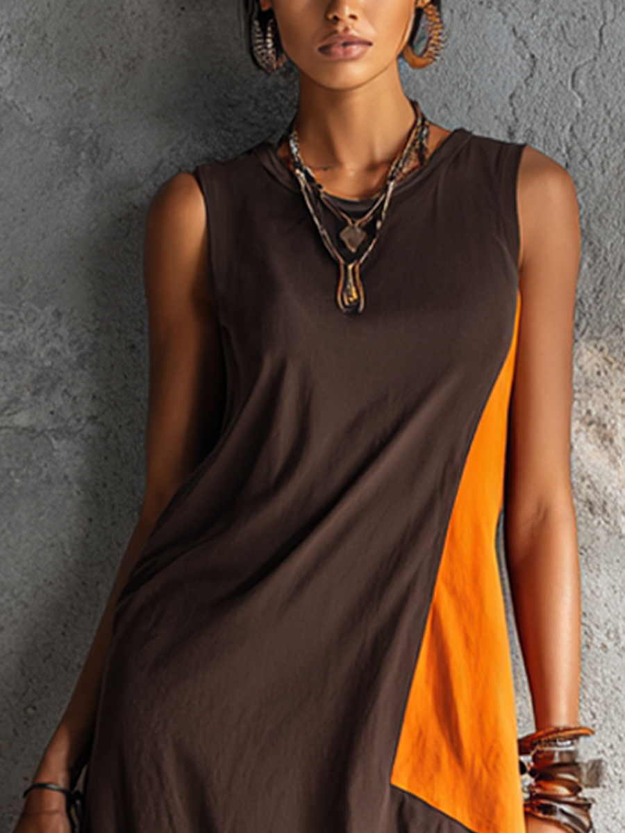 Long Women's Casual Style Dress in Dark Brown and Bright Orange with Color Blocking, Sleeveless, Irregular Patchwork MDZ2419F3GMJ