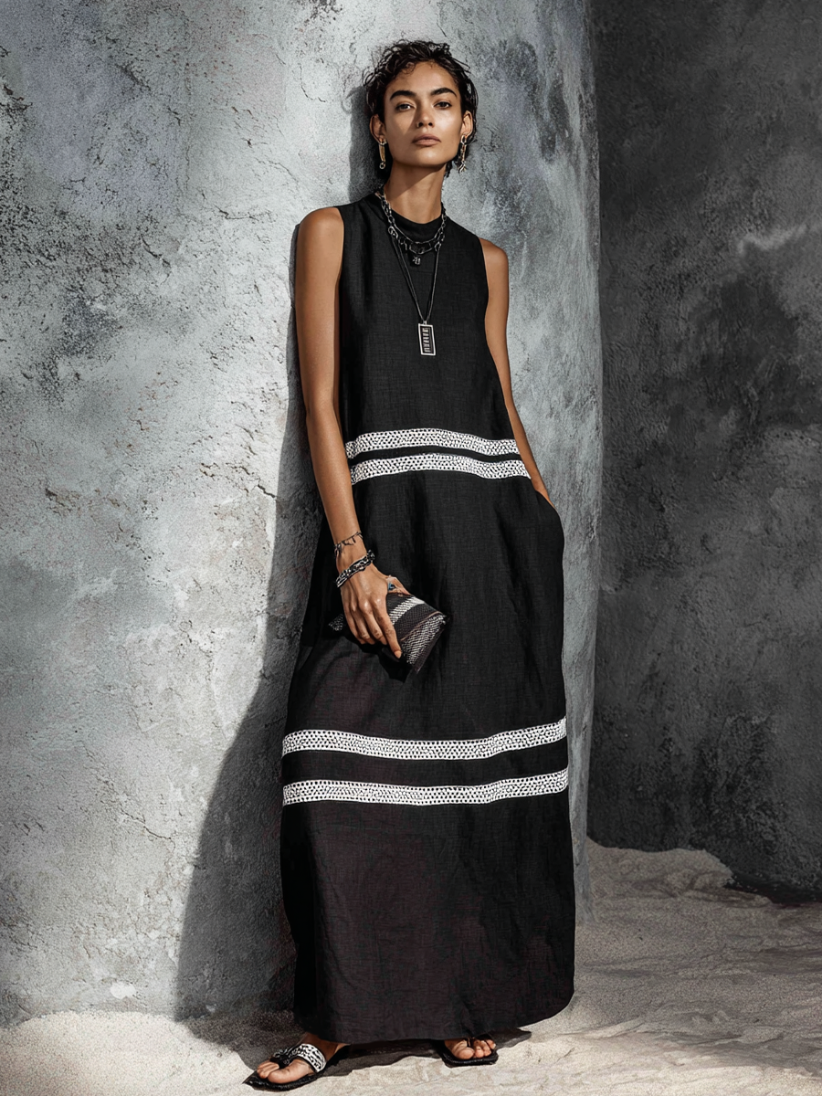 Long Sleeveless Minimalist Black Cotton Linen Dress with White Lace for Women MDZ2461F4GMJ