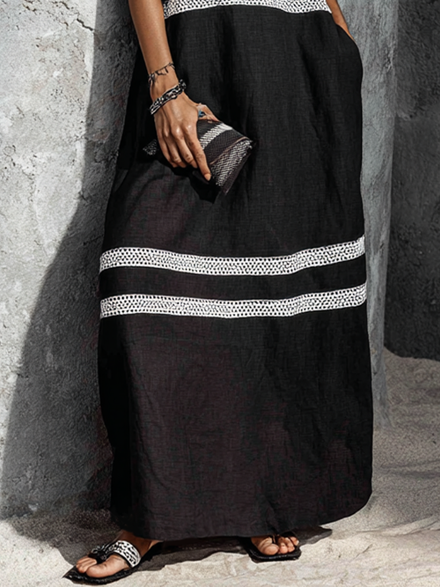 Long Sleeveless Minimalist Black Cotton Linen Dress with White Lace for Women MDZ2461F4GMJ