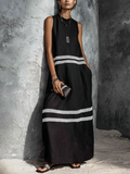 Long Sleeveless Minimalist Black Cotton Linen Dress with White Lace for Women MDZ2461F4GMJ
