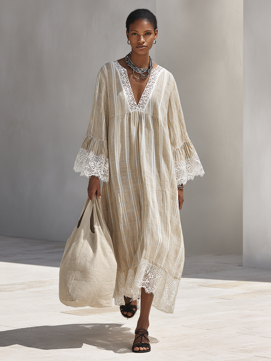 Beige Maxi Dress for Women with Vertical Stripes, White Lace Edges, and Flared Long Sleeves MDZ1745F9ZRK