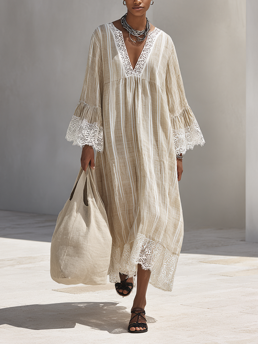 Beige Maxi Dress for Women with Vertical Stripes, White Lace Edges, and Flared Long Sleeves MDZ1745F9ZRK